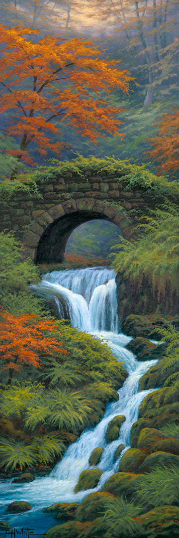 A painting of a creek waterfall, running through a forest. A stone bridge arches over the water.