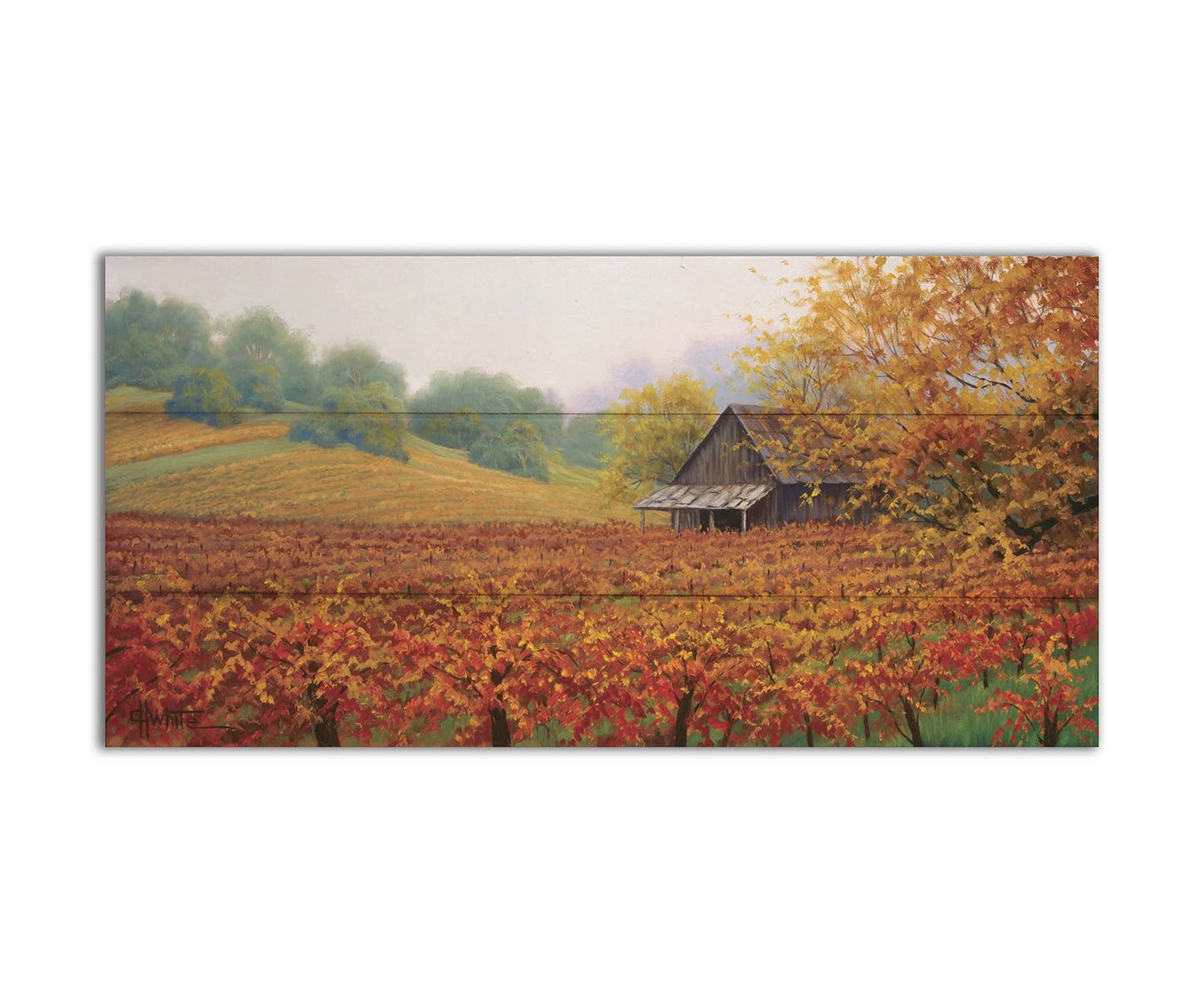 A painting of an old building amidst hills of red, orange, and yellow winery fields Napa Valley is known for. A fog obscures the trees in the distance. Printed on a box board.