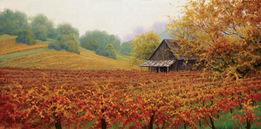 A painting of an old building amidst hills of red, orange, and yellow winery fields Napa Valley is known for. A fog obscures the trees in the distance.