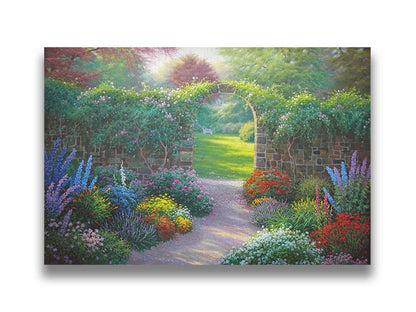 A painting of a stone walled garden with an archway leading to a grassy yard. There are flowers in all colors lining the pathway. Printed on canvas.