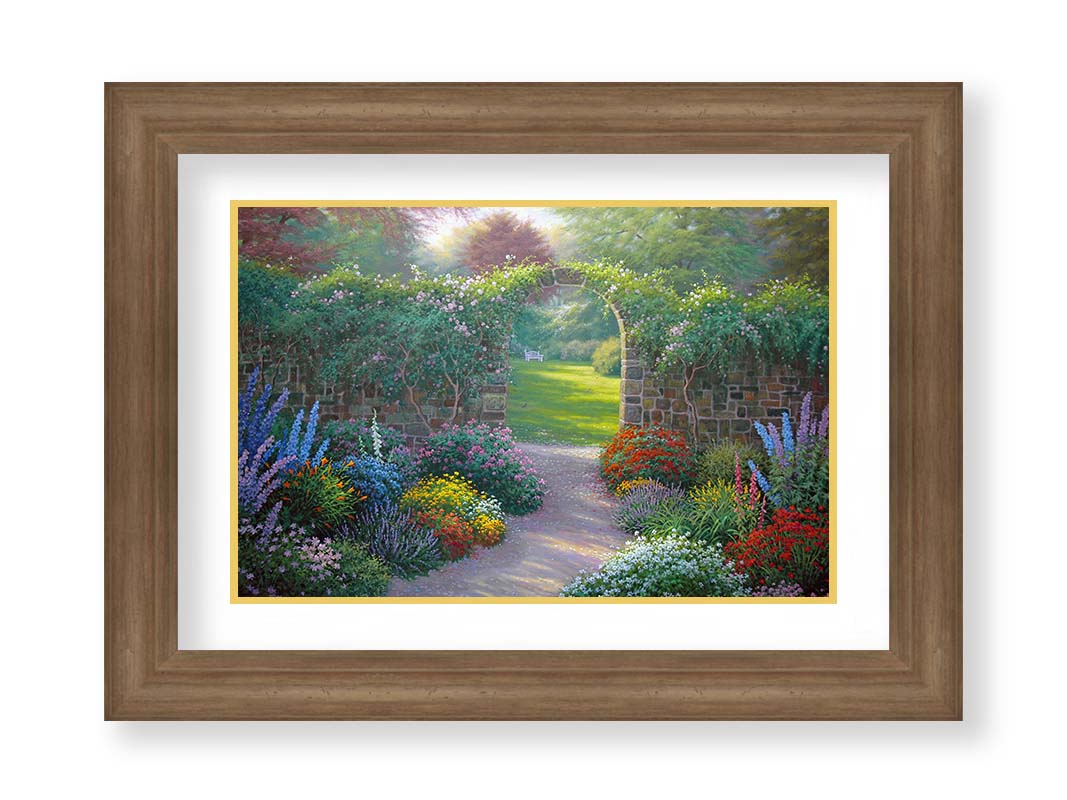 A painting of a stone walled garden with an archway leading to a grassy yard. There are flowers in all colors lining the pathway. Printed on paper, matted, and framed.