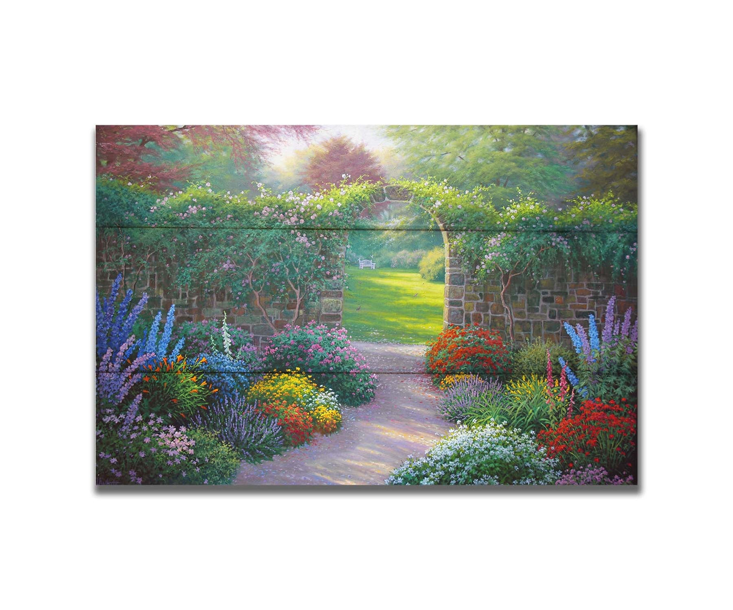 A painting of a stone walled garden with an archway leading to a grassy yard. There are flowers in all colors lining the pathway. Printed on a box board.