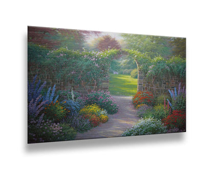 A painting of a stone walled garden with an archway leading to a grassy yard. There are flowers in all colors lining the pathway. Printed on metal.