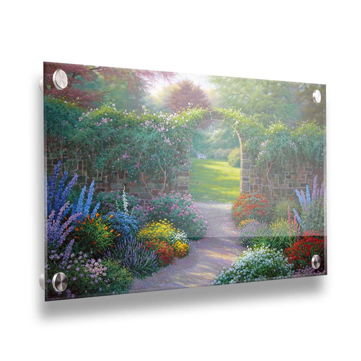 A painting of a stone walled garden with an archway leading to a grassy yard. There are flowers in all colors lining the pathway. Printed on acrylic.