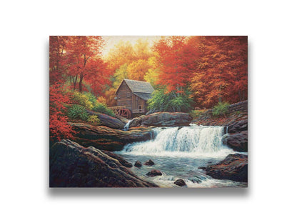 A painting of a stream waterfall in an autumn forest. A watermill can be seen attached to a wood building alone the river. Printed on canvas.