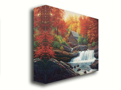 A painting of a stream waterfall in an autumn forest. A watermill can be seen attached to a wood building alone the river. Printed on canvas.