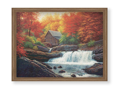 A painting of a stream waterfall in an autumn forest. A watermill can be seen attached to a wood building alone the river. Printed on canvas and framed.