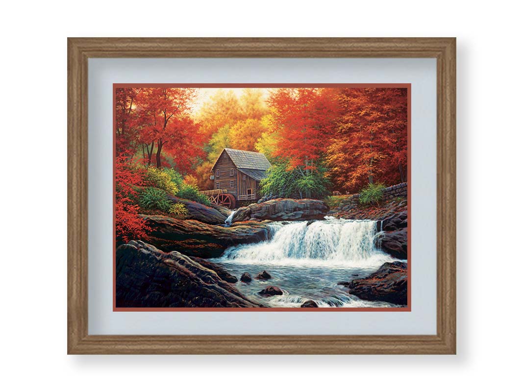 A painting of a stream waterfall in an autumn forest. A watermill can be seen attached to a wood building alone the river. Printed on paper, matted, and framed.