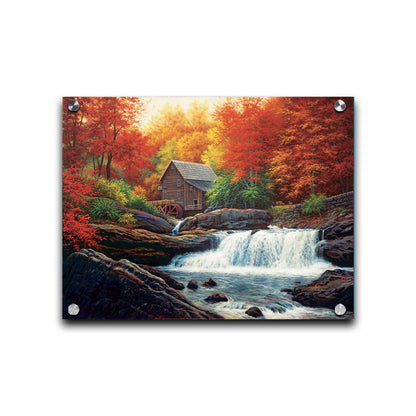 A painting of a stream waterfall in an autumn forest. A watermill can be seen attached to a wood building alone the river. Printed on acrylic.