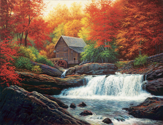 A painting of a stream waterfall in an autumn forest. A watermill can be seen attached to a wood building alone the river.