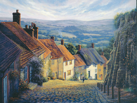 A painting looking down a cobblestone road on a hill lined with houses. A person can be seen walking down the path past flower-laden walls.