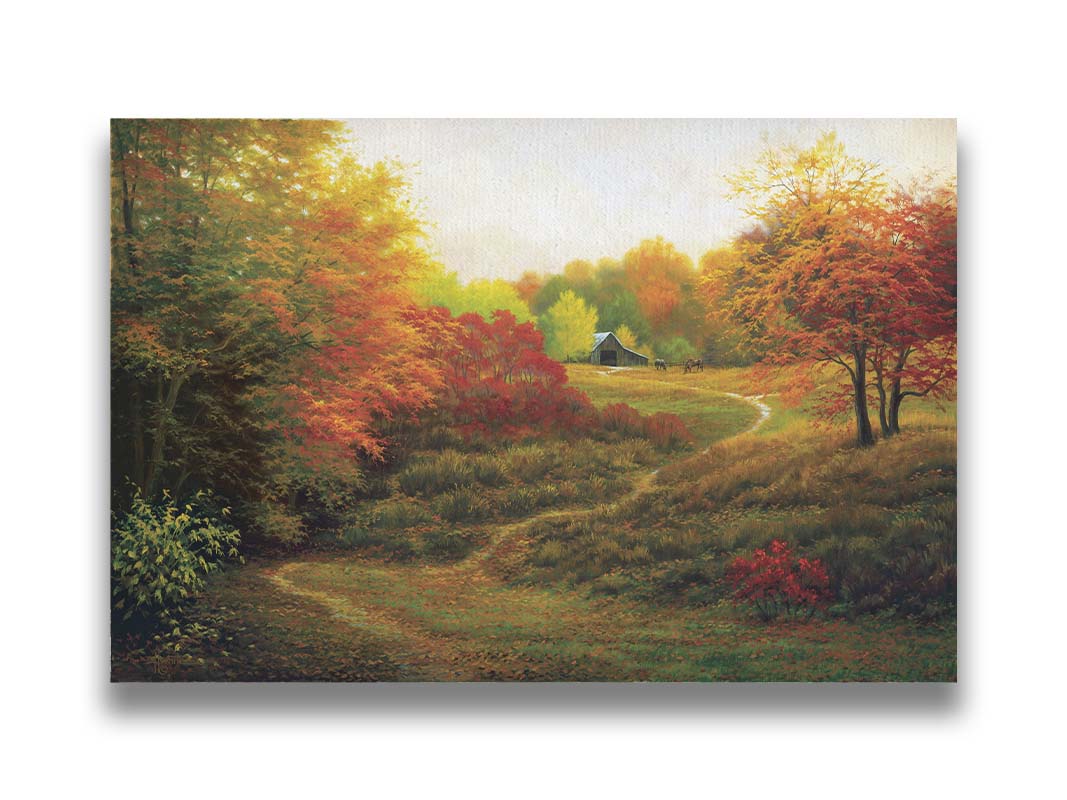 A painting of a worn trail through the grass, bordered by autumn trees. It leads up to an old barn, where a few horses graze outside. Printed on canvas.