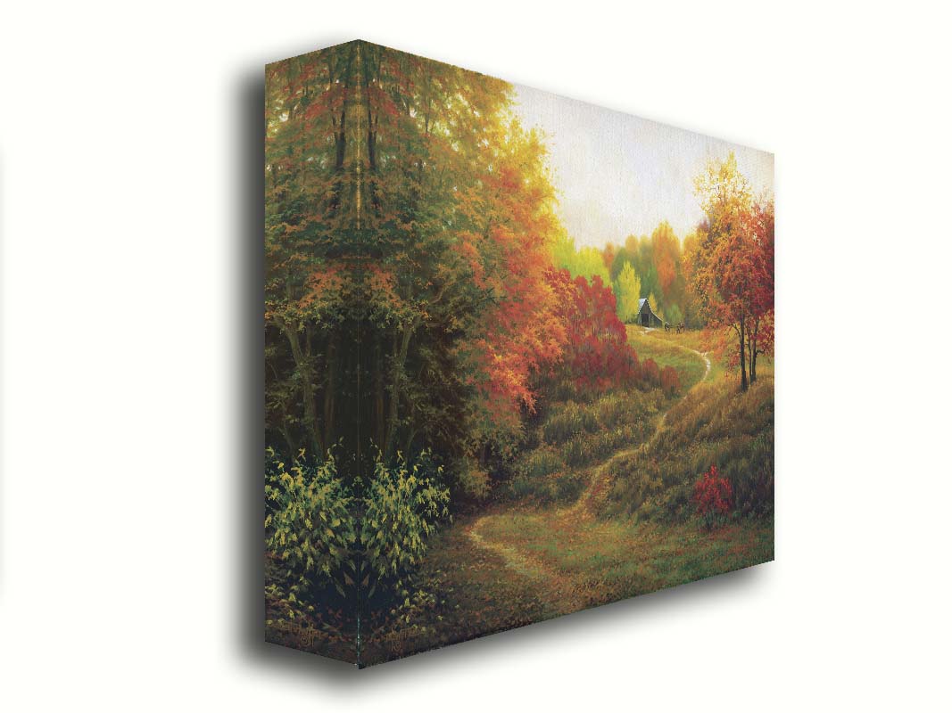 A painting of a worn trail through the grass, bordered by autumn trees. It leads up to an old barn, where a few horses graze outside. Printed on canvas.