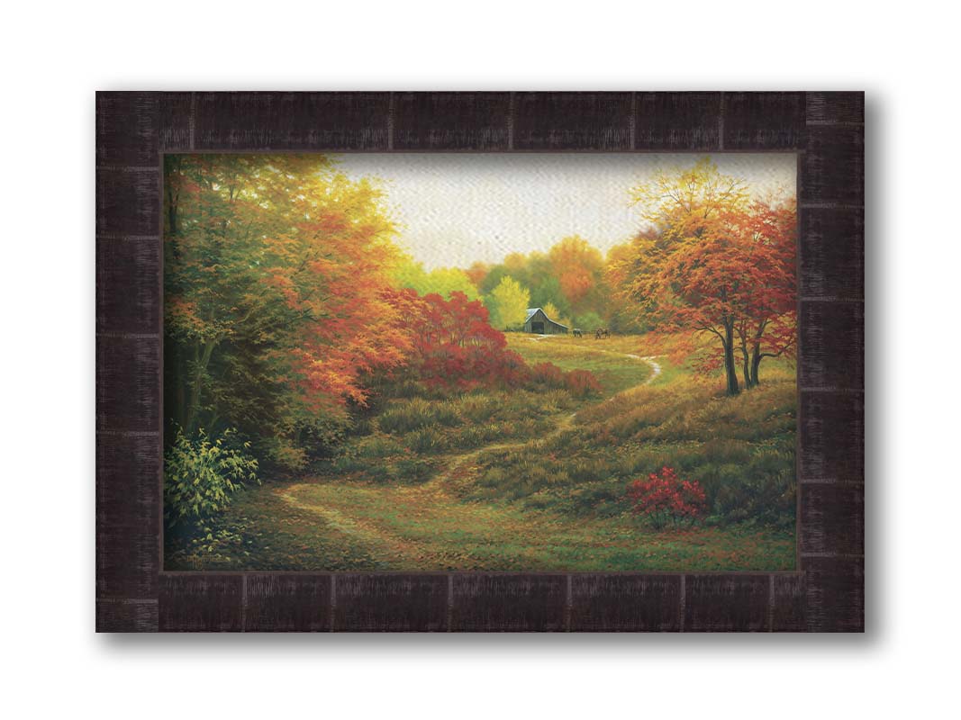 A painting of a worn trail through the grass, bordered by autumn trees. It leads up to an old barn, where a few horses graze outside. Printed on canvas and framed.