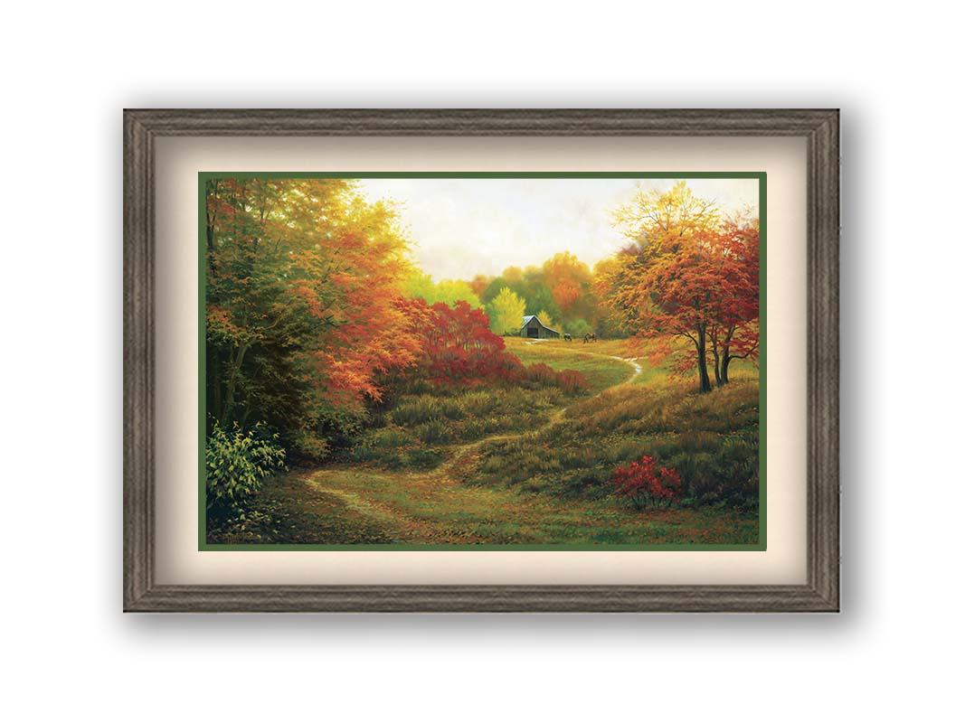 A painting of a worn trail through the grass, bordered by autumn trees. It leads up to an old barn, where a few horses graze outside. Printed on paper, matted, and framed.