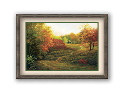 A painting of a worn trail through the grass, bordered by autumn trees. It leads up to an old barn, where a few horses graze outside. Printed on paper, matted, and framed.