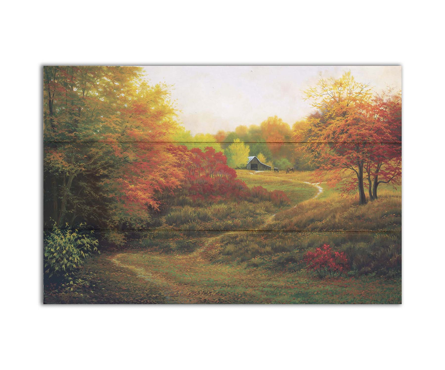 A painting of a worn trail through the grass, bordered by autumn trees. It leads up to an old barn, where a few horses graze outside. Printed on a box board.