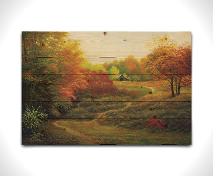 A painting of a worn trail through the grass, bordered by autumn trees. It leads up to an old barn, where a few horses graze outside. Printed on a wood pallet.