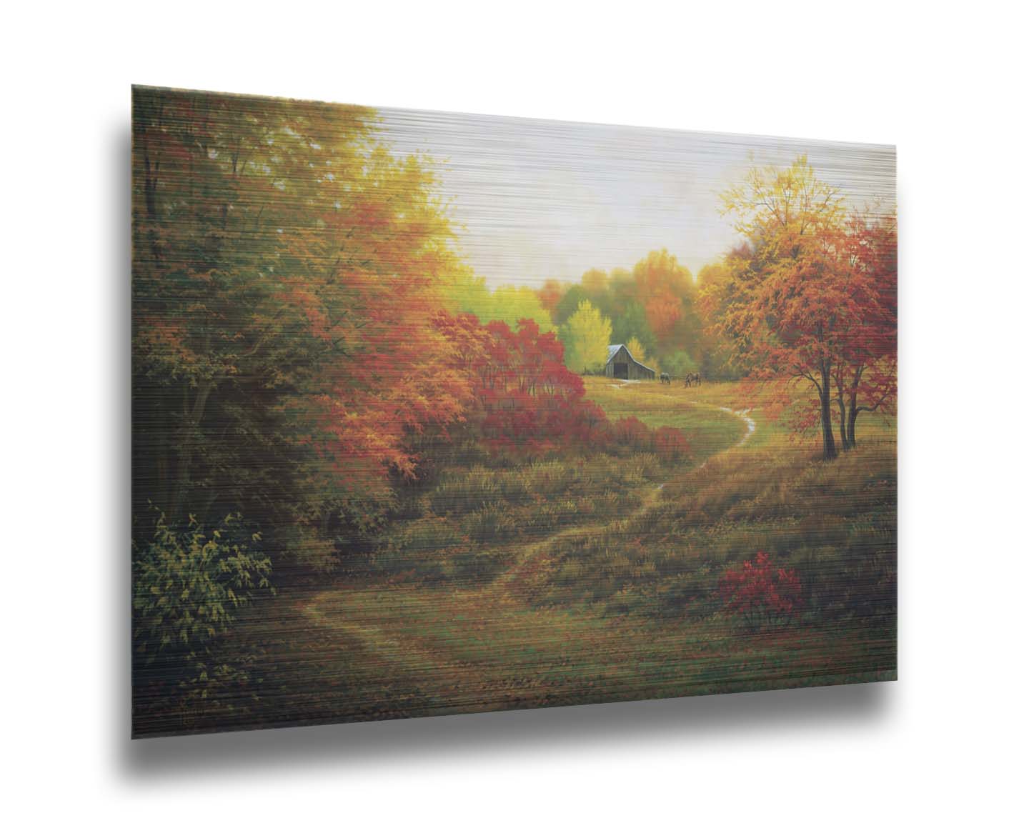 A painting of a worn trail through the grass, bordered by autumn trees. It leads up to an old barn, where a few horses graze outside. Printed on metal.