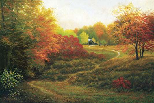 A painting of a worn trail through the grass, bordered by autumn trees. It leads up to an old barn, where a few horses graze outside.