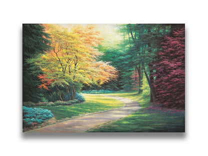 A painting of a landscape with a paved path, lined with lush green, red, and yellow trees and low bushes. Printed on canvas.