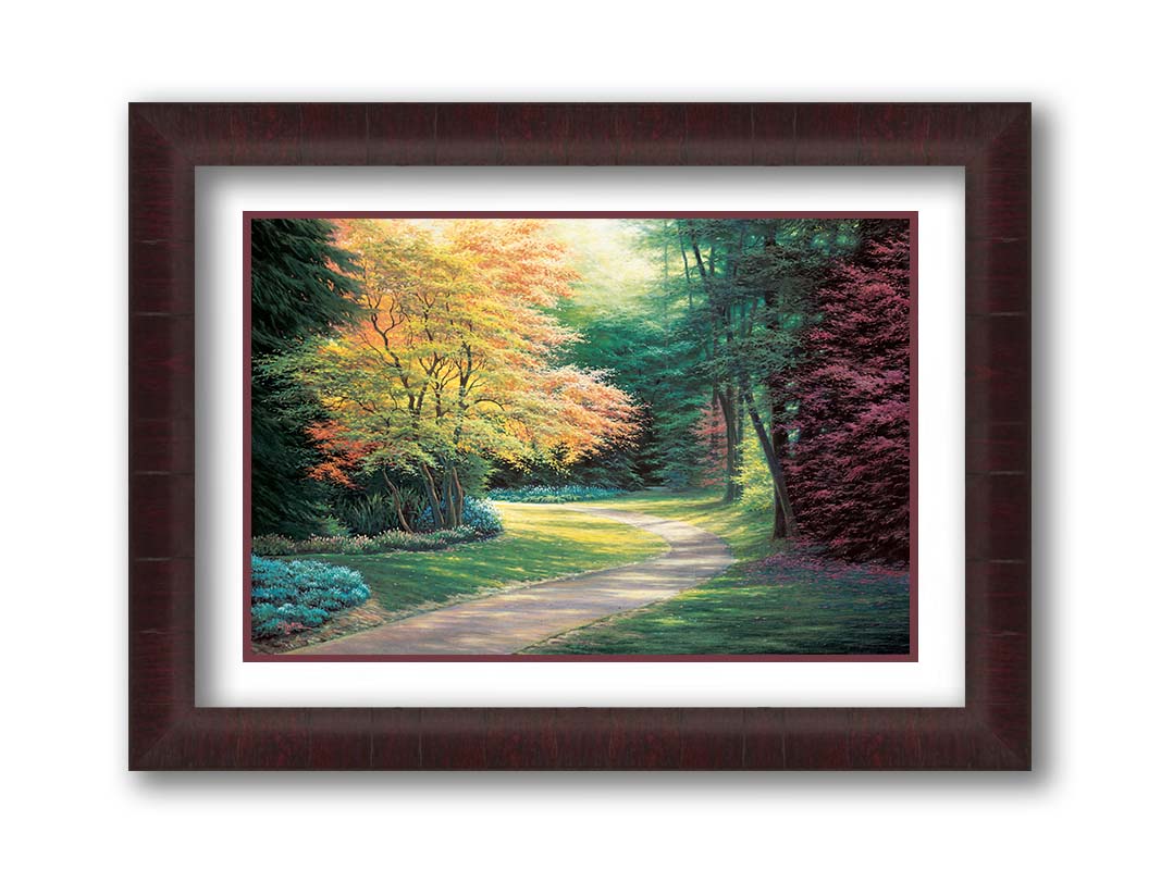 A painting of a landscape with a paved path, lined with lush green, red, and yellow trees and low bushes. Printed on paper, matted, and framed.