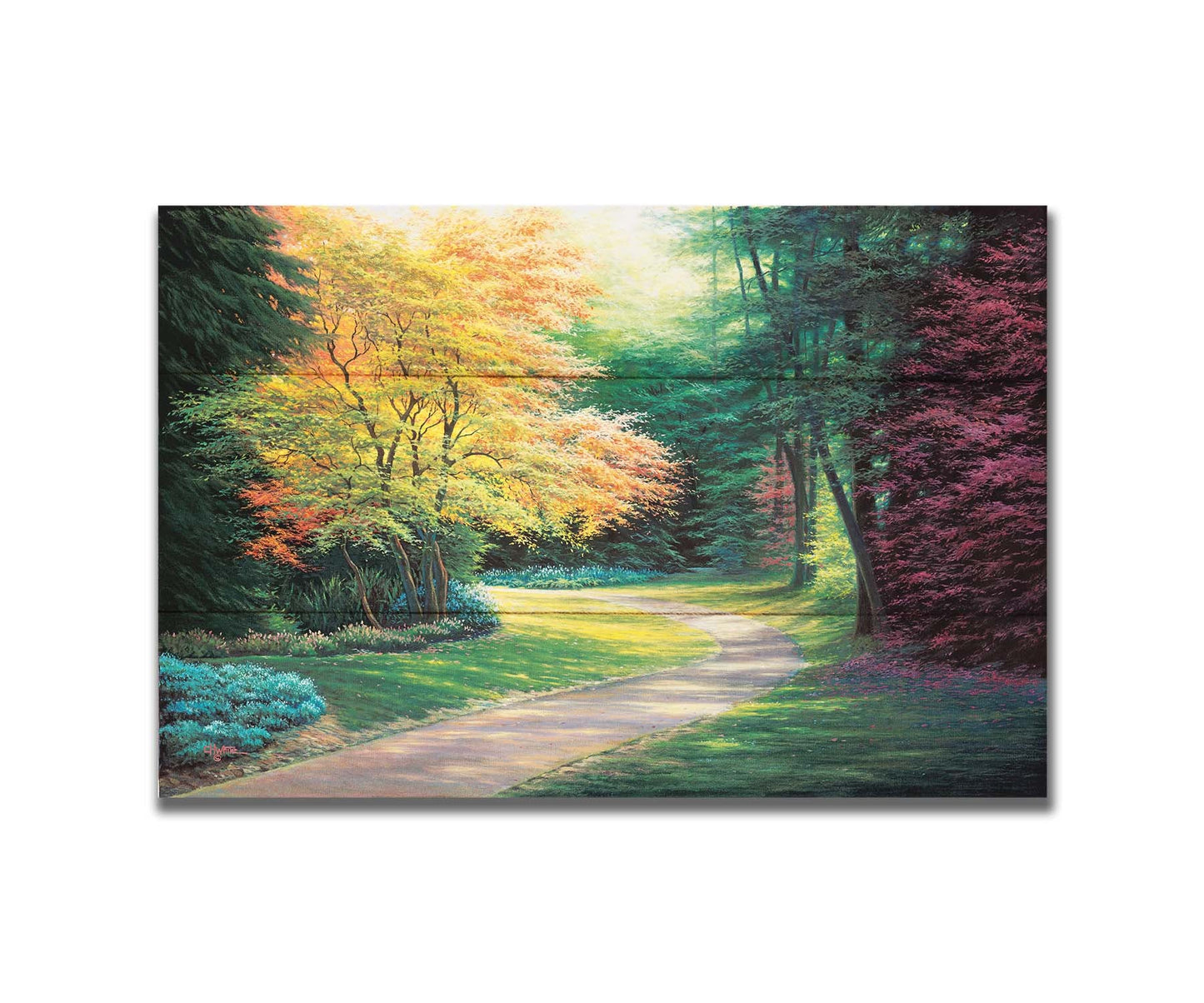 A painting of a landscape with a paved path, lined with lush green, red, and yellow trees and low bushes. Printed on a box board.