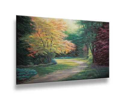 A painting of a landscape with a paved path, lined with lush green, red, and yellow trees and low bushes. Printed on metal.