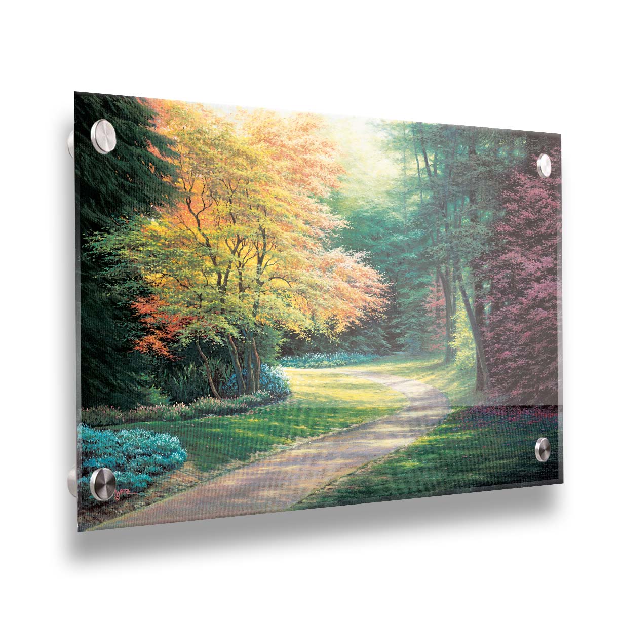 A painting of a landscape with a paved path, lined with lush green, red, and yellow trees and low bushes. Printed on acrylic.