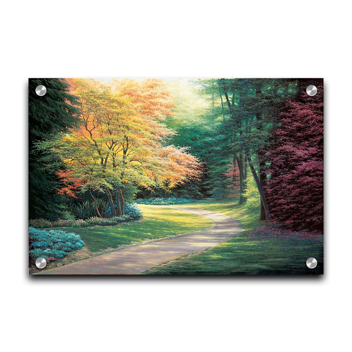 A painting of a landscape with a paved path, lined with lush green, red, and yellow trees and low bushes. Printed on acrylic.