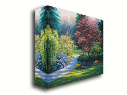 A painting of a carefully tailored yard and garden, with a paved path surrounded by colorful flowers, bushes, and trees. The centerpieces of the garden are japanese maple trees. Printed on canvas.