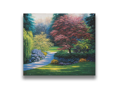 A painting of a carefully tailored yard and garden, with a paved path surrounded by colorful flowers, bushes, and trees. The centerpieces of the garden are japanese maple trees. Printed on canvas.