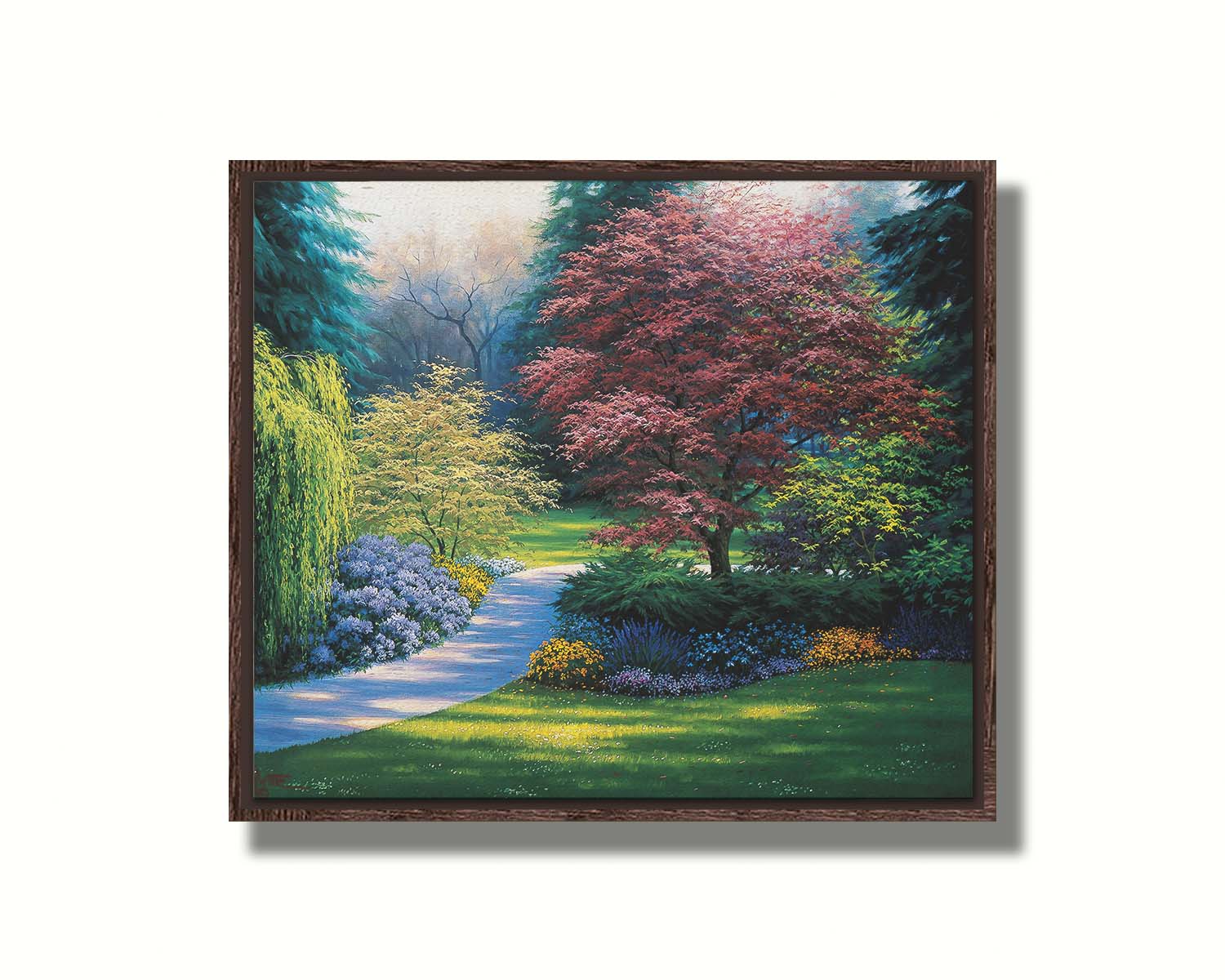 A painting of a carefully tailored yard and garden, with a paved path surrounded by colorful flowers, bushes, and trees. The centerpieces of the garden are japanese maple trees. Printed on canvas in a float frame.