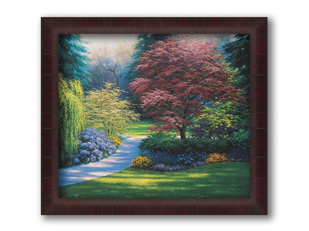 A painting of a carefully tailored yard and garden, with a paved path surrounded by colorful flowers, bushes, and trees. The centerpieces of the garden are japanese maple trees. Printed on canvas and framed.