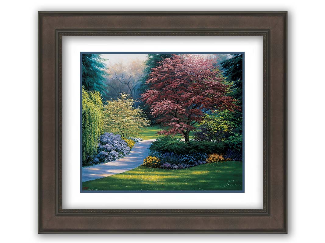 A painting of a carefully tailored yard and garden, with a paved path surrounded by colorful flowers, bushes, and trees. The centerpieces of the garden are japanese maple trees. Printed on paper, matted, and framed.