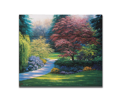 A painting of a carefully tailored yard and garden, with a paved path surrounded by colorful flowers, bushes, and trees. The centerpieces of the garden are japanese maple trees. Printed on a box board.