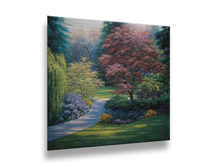 A painting of a carefully tailored yard and garden, with a paved path surrounded by colorful flowers, bushes, and trees. The centerpieces of the garden are japanese maple trees. Printed on metal.