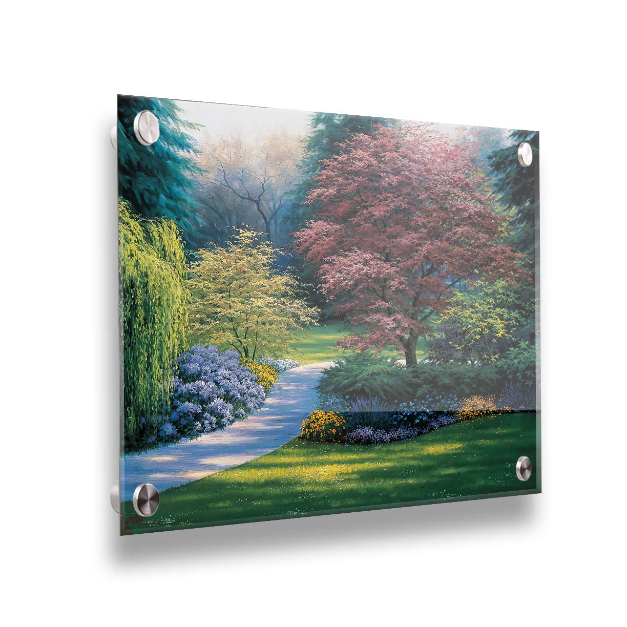 A painting of a carefully tailored yard and garden, with a paved path surrounded by colorful flowers, bushes, and trees. The centerpieces of the garden are japanese maple trees. Printed on acrylic.