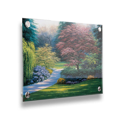 A painting of a carefully tailored yard and garden, with a paved path surrounded by colorful flowers, bushes, and trees. The centerpieces of the garden are japanese maple trees. Printed on acrylic.