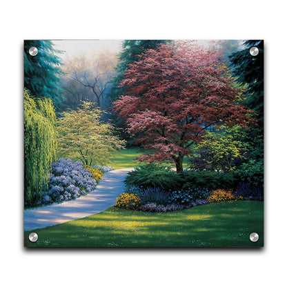 A painting of a carefully tailored yard and garden, with a paved path surrounded by colorful flowers, bushes, and trees. The centerpieces of the garden are japanese maple trees. Printed on acrylic.