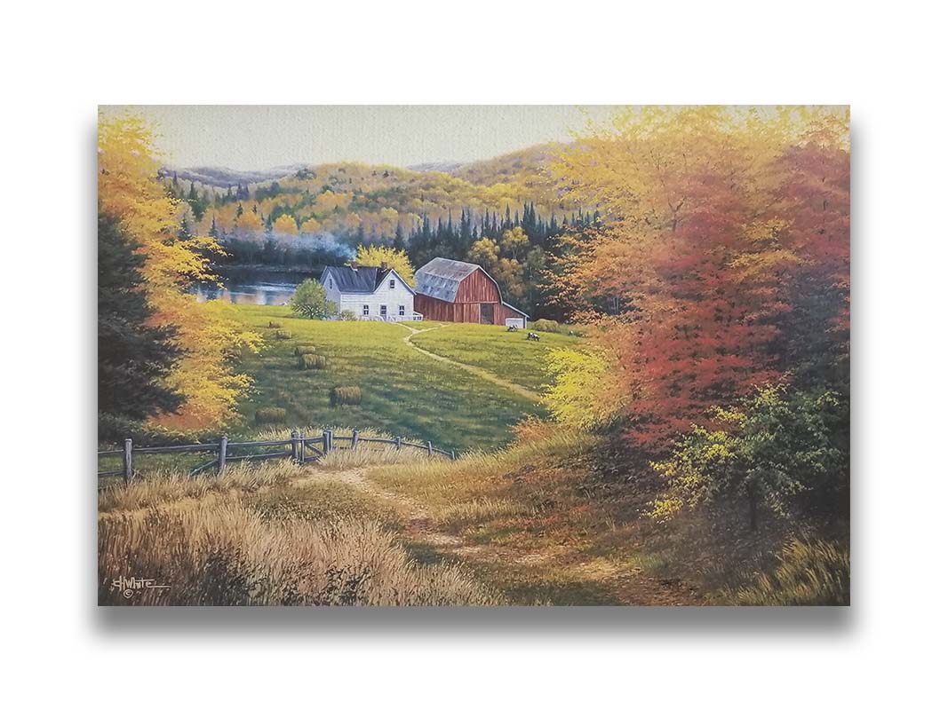 A painting of a view looking down on a lakeside home and barn from a forest, featuring a few farm animals and hay bales. Printed on canvas.