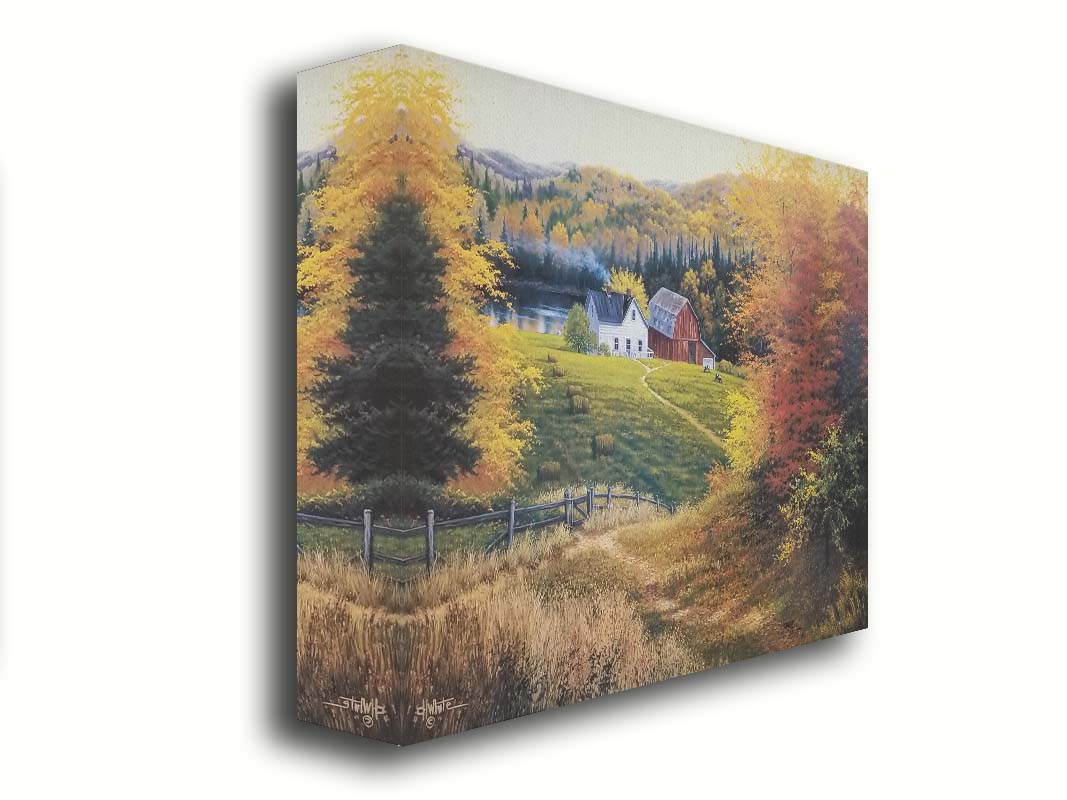 A painting of a view looking down on a lakeside home and barn from a forest, featuring a few farm animals and hay bales. Printed on canvas.