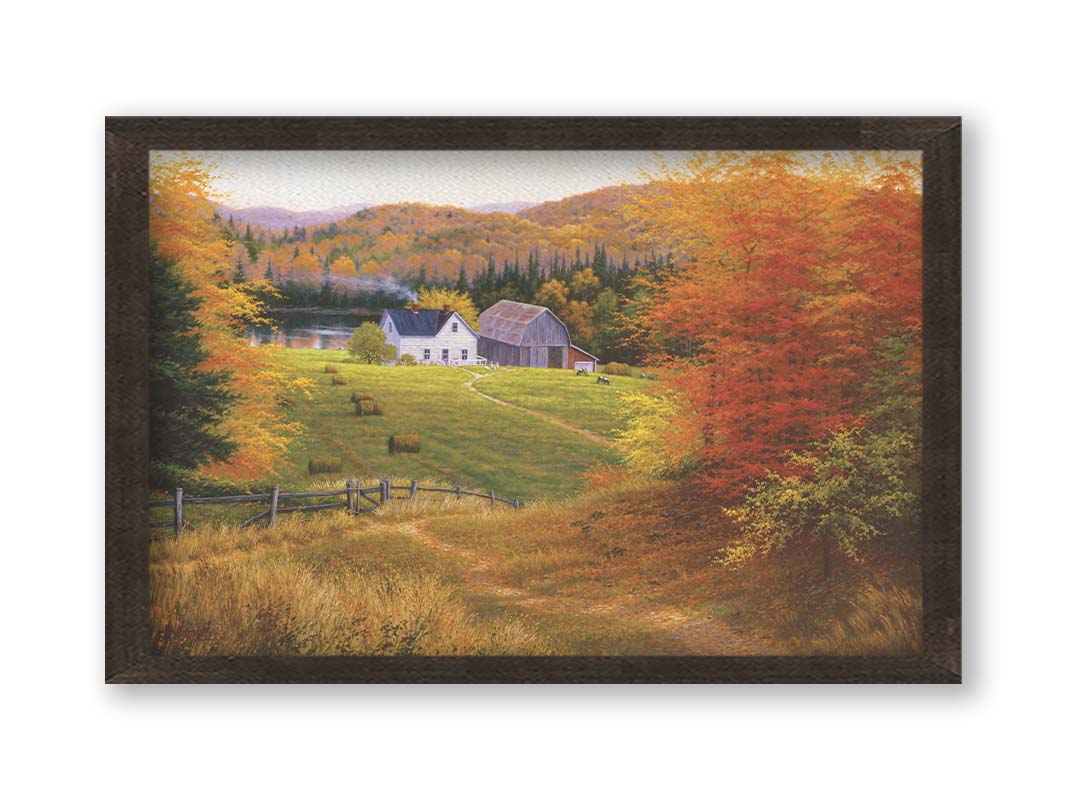 A painting of a view looking down on a lakeside home and barn from a forest, featuring a few farm animals and hay bales. Printed on canvas and framed.