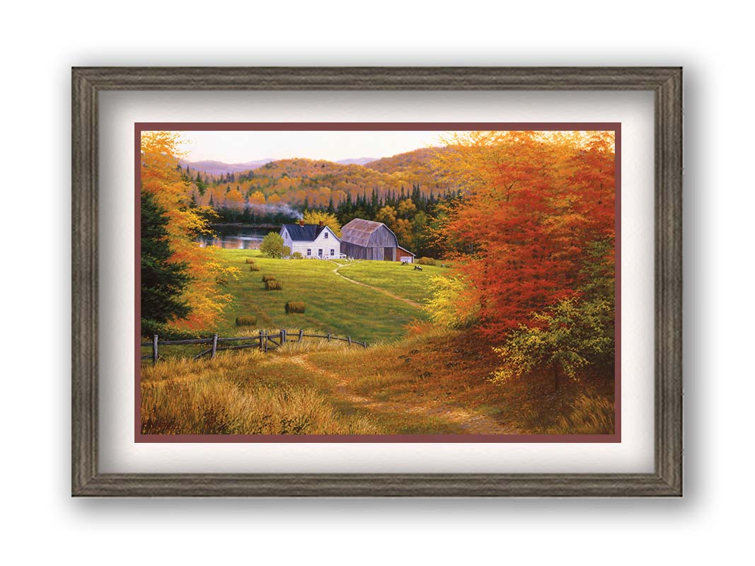 A painting of a view looking down on a lakeside home and barn from a forest, featuring a few farm animals and hay bales. Printed on paper, matted, and framed.