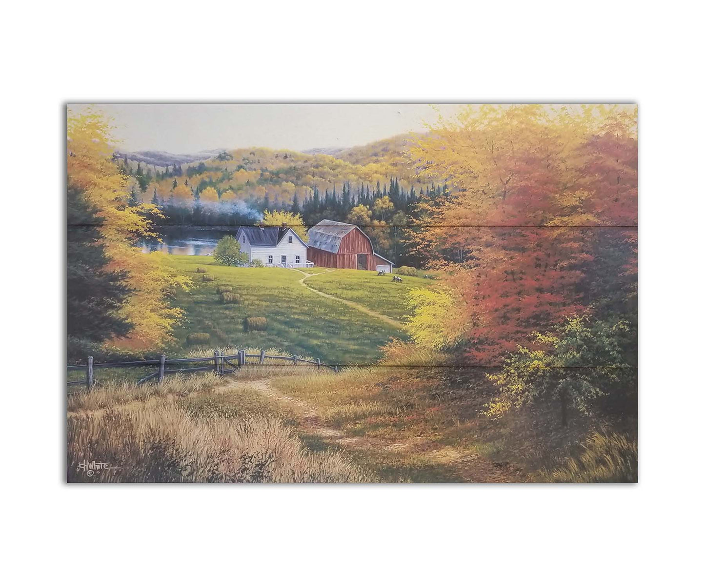 A painting of a view looking down on a lakeside home and barn from a forest, featuring a few farm animals and hay bales. Printed on a box board.