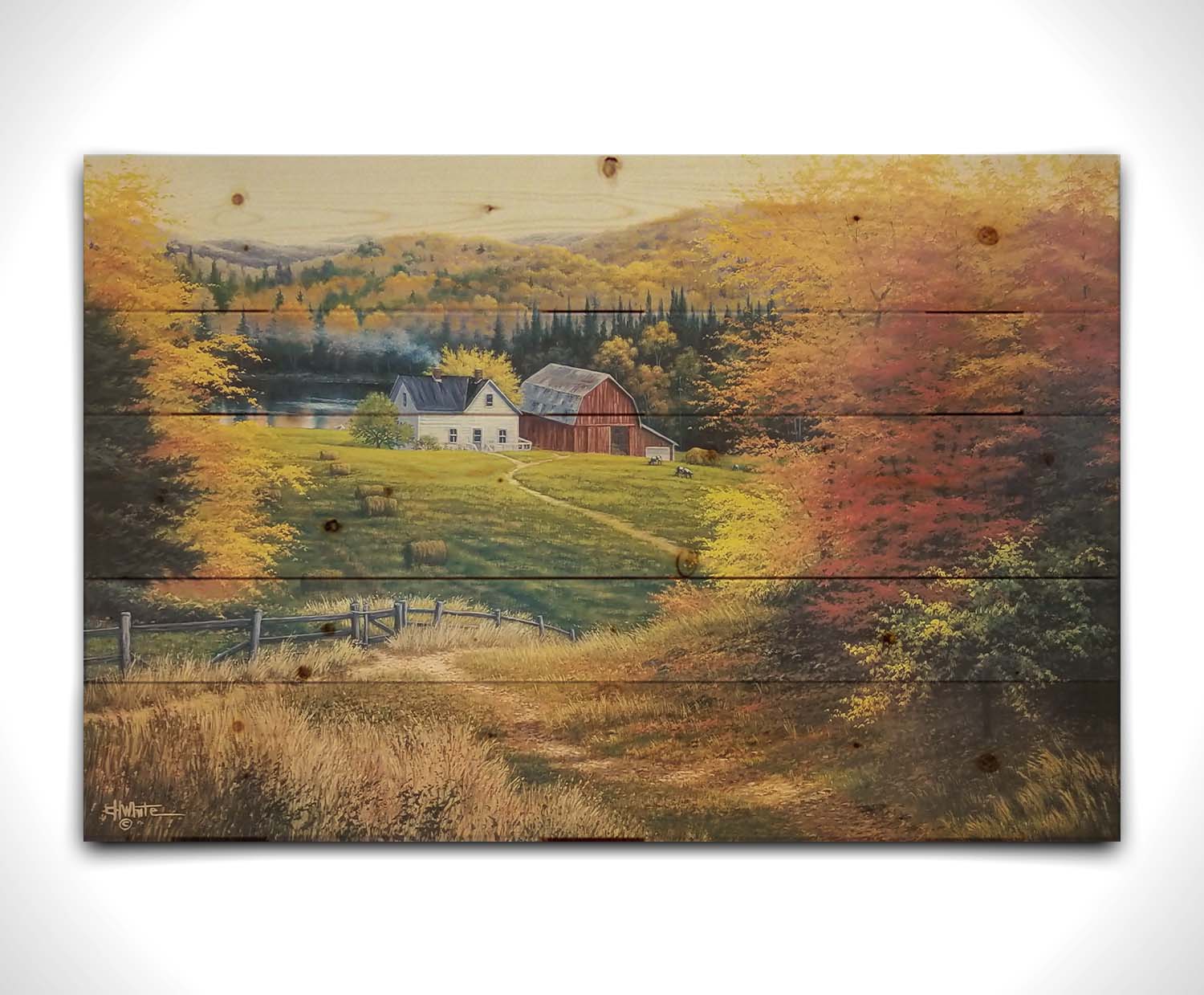 A painting of a view looking down on a lakeside home and barn from a forest, featuring a few farm animals and hay bales. Printed on a wood pallet.