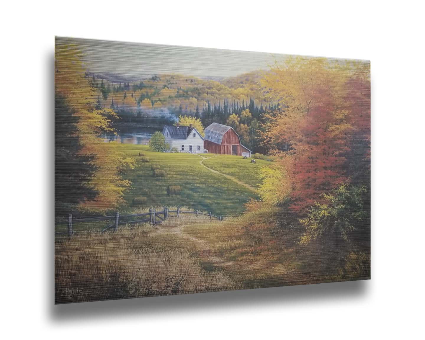 A painting of a view looking down on a lakeside home and barn from a forest, featuring a few farm animals and hay bales. Printed on metal.