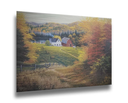 A painting of a view looking down on a lakeside home and barn from a forest, featuring a few farm animals and hay bales. Printed on metal.