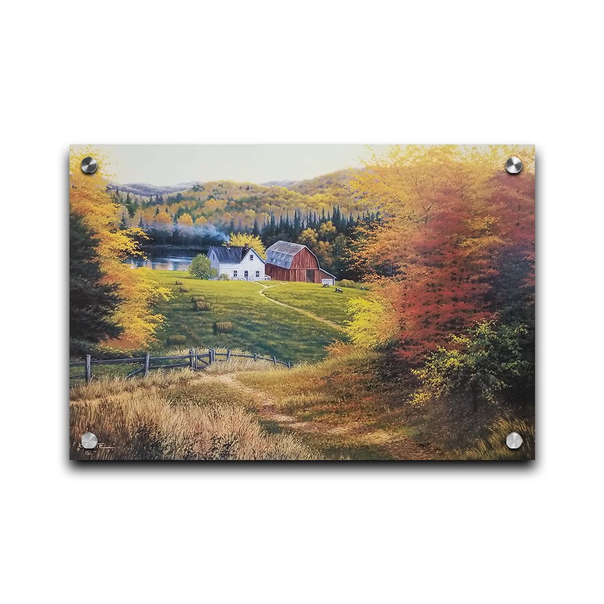 A painting of a view looking down on a lakeside home and barn from a forest, featuring a few farm animals and hay bales. Printed on acrylic.