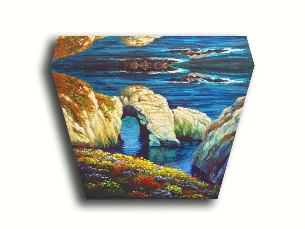 A painting from atop a flower-covered clif face overlooking the ocean at Point Lobos, California. Printed on canvas.